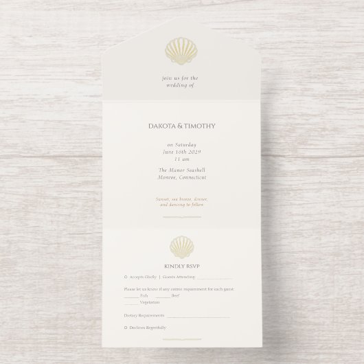 Elegant Gold foil Seashell Wedding  All In One Uitnodiging (Binnenkant)