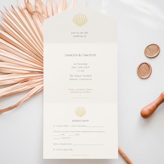 Elegant Gold foil Seashell Wedding  All In One Uitnodiging