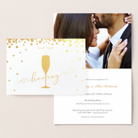 Elegant Gold Foil Sip Sip Hooray Engagement Party Folie Kaarten (Display)