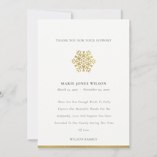 Elegant Gold Foil Snowflake Sympathie Memorial Bedankkaart (Voorkant)
