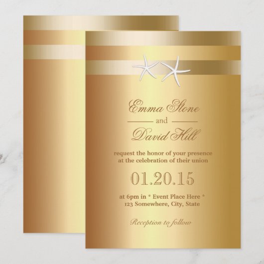 Elegant Gold Foil Starfish Wedding Invitting Kaart (Voorkant / Achterkant)