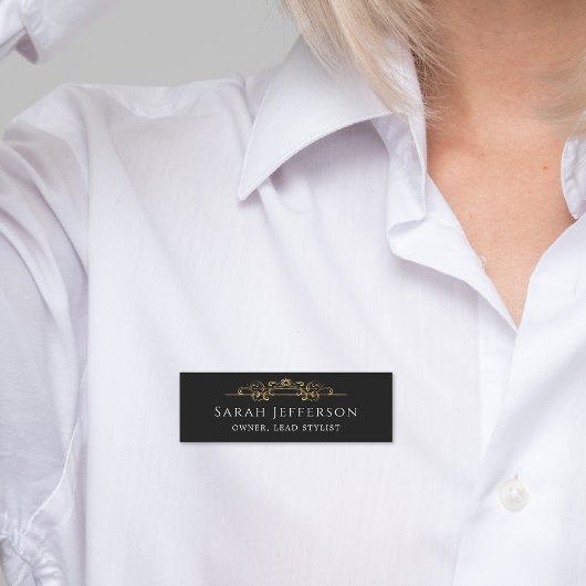 Elegant Gold Foil Swirls Classic Black Employee Naamplaatje