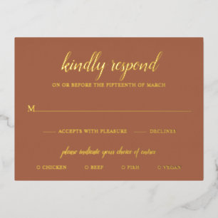 Elegant Gold Foil Terracotta Wedding RSVP Card Folie Uitnodiging Briefkaart