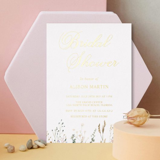 Elegant Gold Foil Vrijgezellenfeest met Wildflower Folie Uitnodiging
