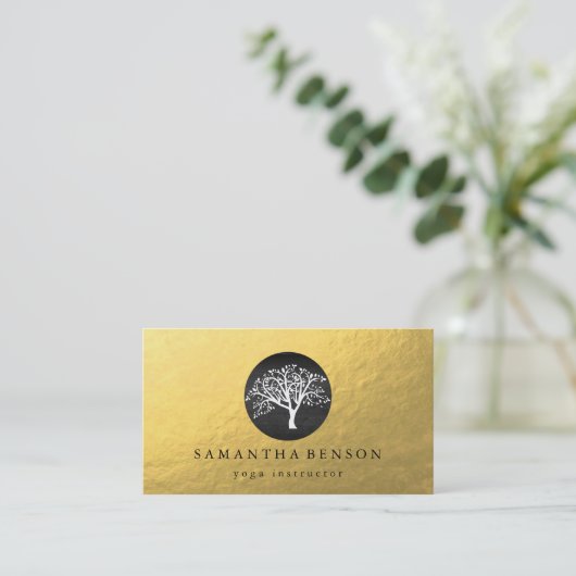 Elegant Gold Foil Waterverf Tree Yoga Meditation Visitekaartje (Staand voorkant)