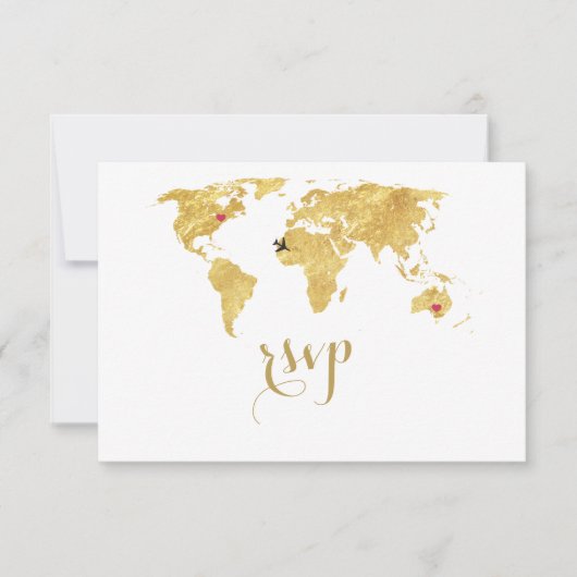 Elegant Gold Foil Wereldkaart Destination Wedding RSVP Kaartje (Voorkant)