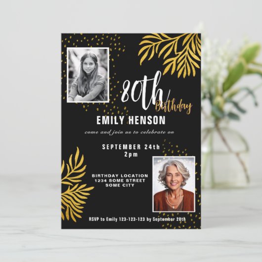 Elegant Gold Foliage 2 Photo 80th Birthday Party Kaart (Staand voorkant)