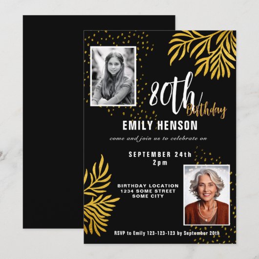 Elegant Gold Foliage 2 Photo 80th Birthday Party Kaart (Voorkant / Achterkant)