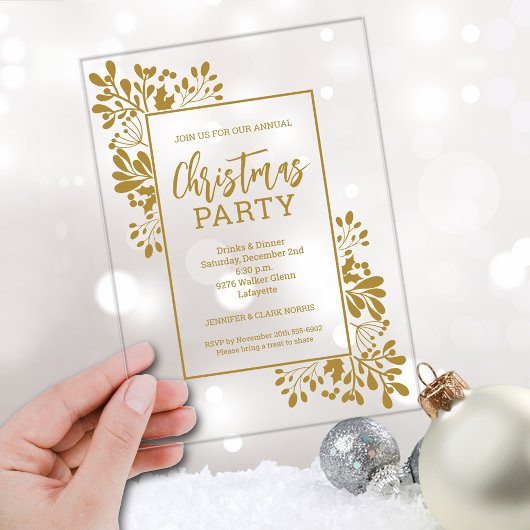 Elegant Gold Foliage Christmas Party Acryl Uitnodigingen