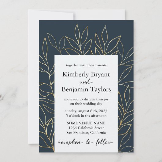 Elegant Gold Foliage. Dusty Blue Luxury Wedding Kaart (Voorkant)