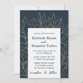 Elegant Gold Foliage. Dusty Blue Luxury Wedding Kaart