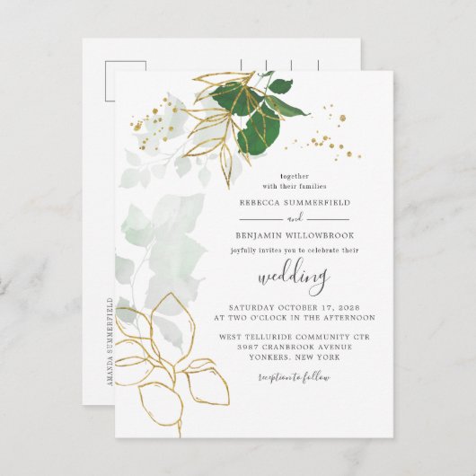 Elegant Gold Foliage Eucalyptus Greenery Wedding Uitnodiging Briefkaart (Voorkant / Achterkant)
