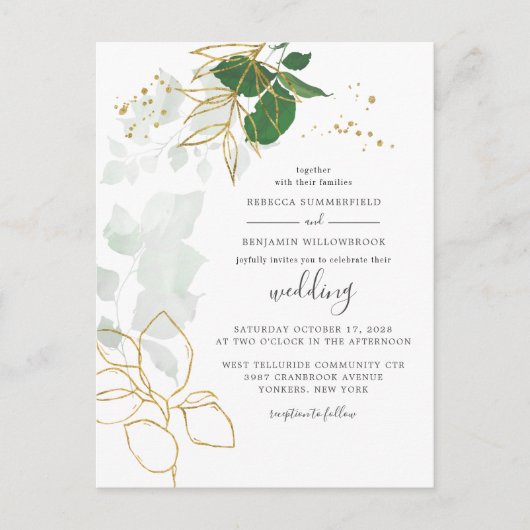 Elegant Gold Foliage Eucalyptus Greenery Wedding Uitnodiging Briefkaart (Voorkant)