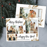 Elegant Gold Foliage Photo Collage kerstkaart<br><div class="desc">Elegant, modern goud en witte botanische bladeren 4 Foto Collage Merry Kerstfeestdag kaart. Deze festieve, mimimalistische, grillige sjabloon met vier (4) fotovakantiekaarten is voorzien van een fotocollage, faux gouden bladbladeren met botanische bladeren, winterbessen en zegt "Vrolijk Kerstfeest en Gelukkig Nieuwjaar"! De groettekst "Vrolijk Kerstmis en Gelukkig Nieuwjaar" is geschreven in...</div>