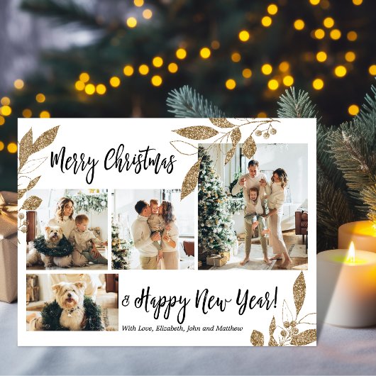Elegant Gold Foliage Photo Collage kerstkaart