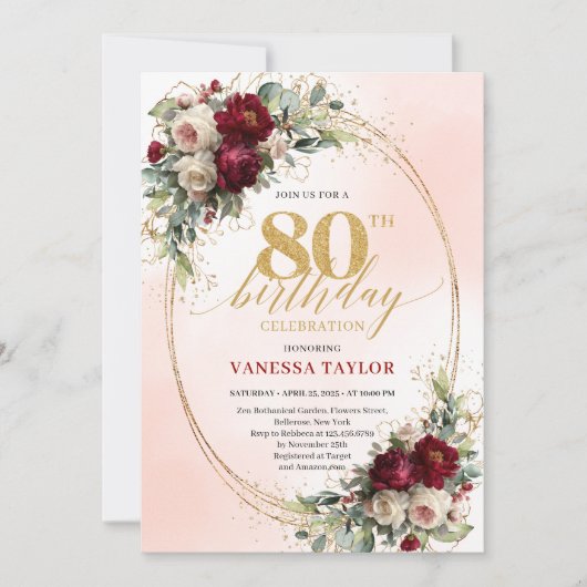Elegant Gold Frame Boho 80th Birthday Invitation Kaart (Voorkant)