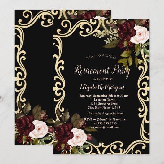 Elegant Gold Frame Burgundy Roses Black Retirement Kaart (Voorkant / Achterkant)