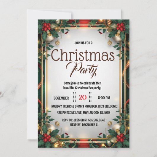 Elegant Gold Frame Christmas Party Invitation Kaart (Voorkant)