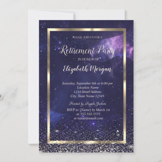 Elegant Gold Frame Confetti Cool Purple Retirement Kaart (Voorkant)