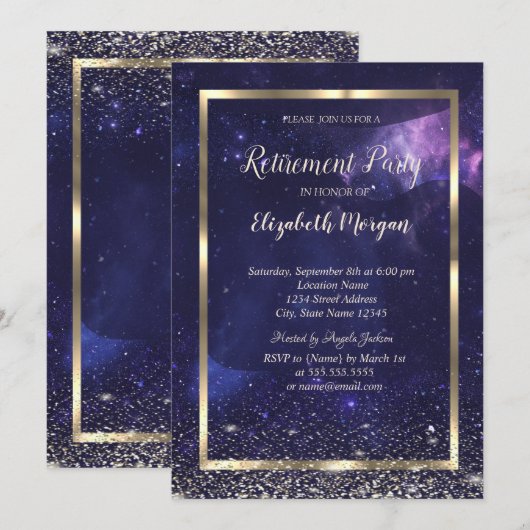 Elegant Gold Frame Confetti Cool Purple Retirement Kaart (Voorkant / Achterkant)