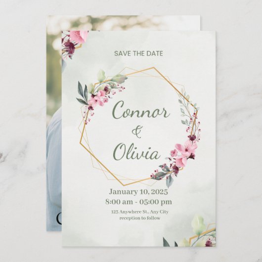 Elegant Gold Frame Floral Save The Date Card (Voorkant / Achterkant)