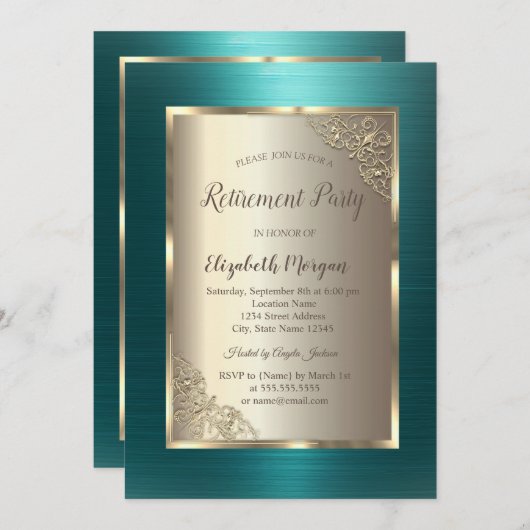 Elegant Gold Frame Green Metallic Retirement Kaart (Voorkant / Achterkant)