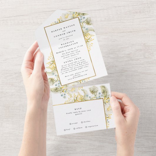Elegant Gold Framed Wildflower Edging Wedding All In One Uitnodiging (Afscheurbaar)