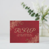 Elegant Gold Frills on Crimson Red Wedding RSVP Briefkaart (Staand voorkant)
