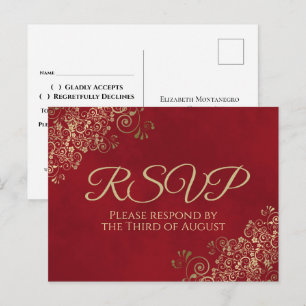 Elegant Gold Frills on Crimson Red Wedding RSVP Briefkaart