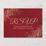 Elegant Gold Frills on Crimson Red Wedding RSVP Briefkaart<br><div class="desc">These RSVP postcards will make it easy for your guests to respond to your wedding uitnodiging. They feature a sophisticated classiy design with gold text on a lush marbled red background. The corners of the card are decorated with a lacy curly floral filigree. The back has a place to indicate...</div>