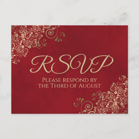 Elegant Gold Frills on Crimson Red Wedding RSVP Briefkaart (Voorkant)