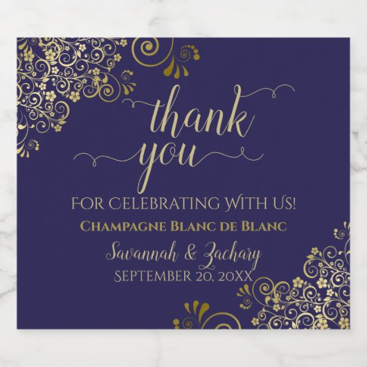 Elegant Gold Frills op Navy Blue Weddenschap Harte Sparkling Wijnetiket (Enkel label)