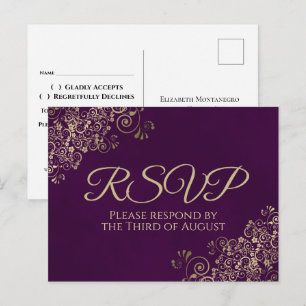 Elegant Gold Frills op Plum Paars Wedding RSVP Briefkaart