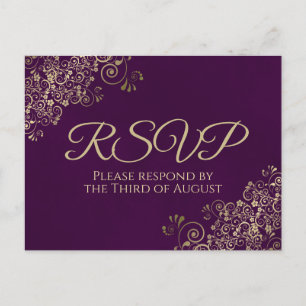 Elegant Gold Frills op Plum Paars Wedding RSVP Briefkaart