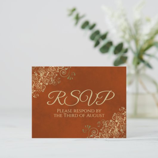 Elegant Gold Frills op Rust Sinaasappel Wedding RS Briefkaart (Staand voorkant)
