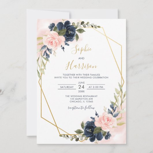 Elegant Gold Geometric Blush and Navy Wedding Kaart (Voorkant)