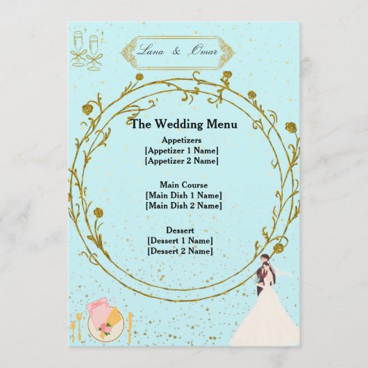 Elegant Gold Geometric Dusty Blue Wedding Menu  (Voorkant)
