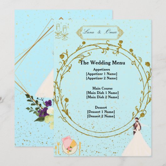 Elegant Gold Geometric Dusty Blue Wedding Menu (Voorkant / Achterkant)