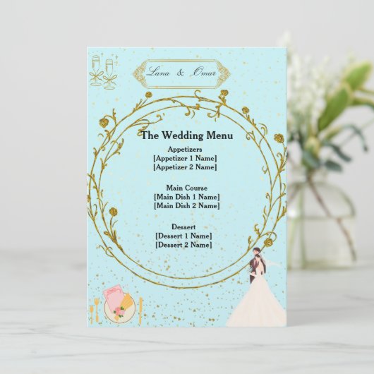 Elegant Gold Geometric Dusty Blue Wedding Menu (Staand voorkant)