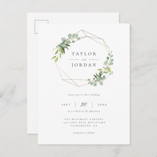 Elegant Gold Geometric Eucalyptus Greenery Wedding Uitnodiging Briefkaart (Voorkant / Achterkant)
