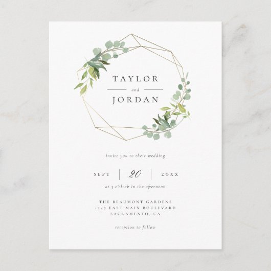 Elegant Gold Geometric Eucalyptus Greenery Wedding Uitnodiging Briefkaart (Voorkant)