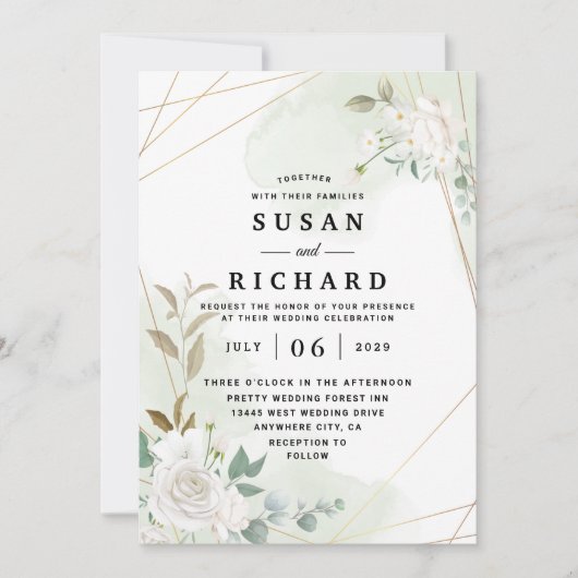 Elegant Gold Geometric Floral Greenery Wedding Kaart (Voorkant)