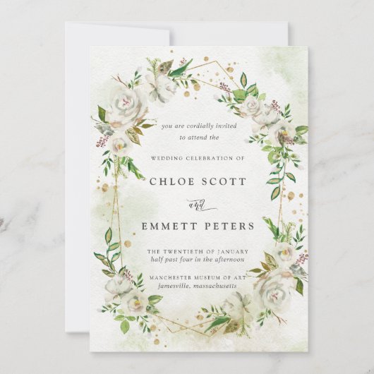 Elegant Gold Geometric Floral Greenery Wedding Kaart (Voorkant)