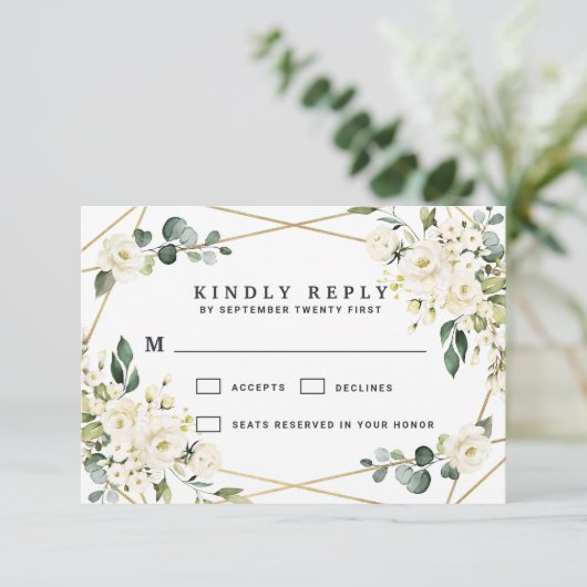 Elegant Gold Geometric Floral Greenery Wedding RSVP Kaartje (Staand voorkant)