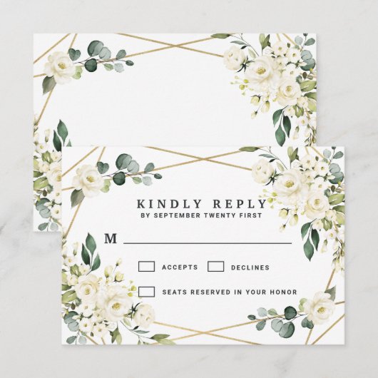 Elegant Gold Geometric Floral Greenery Wedding RSVP Kaartje (Voorkant / Achterkant)