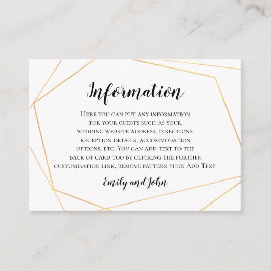 Elegant Gold Geometric Lijst Wedding Details Informatiekaartje (Voorkant)