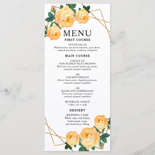 Elegant Gold Geometric Oranje Floral Boho Wedding Menu (Voorkant)