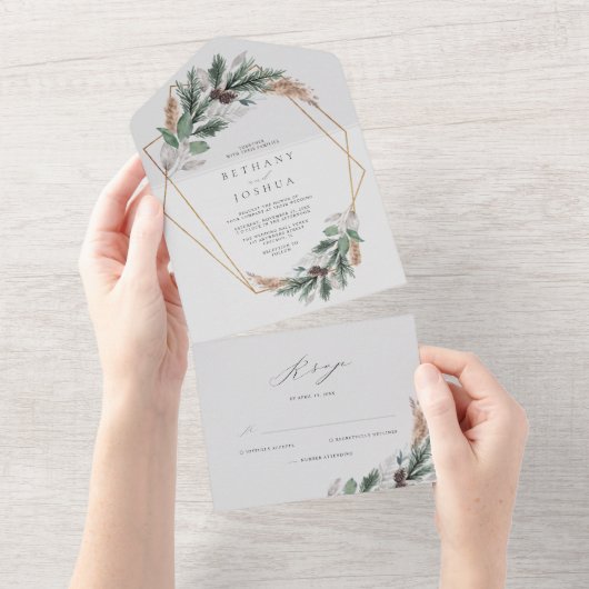 Elegant Gold Geometric Winter Greenery Wedding All In One Uitnodiging (Afscheurbaar)