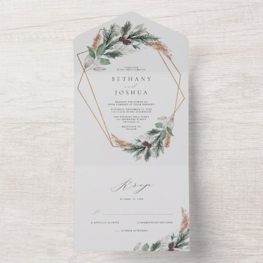 Elegant Gold Geometric Winter Greenery Wedding All In One Uitnodiging (Binnen)