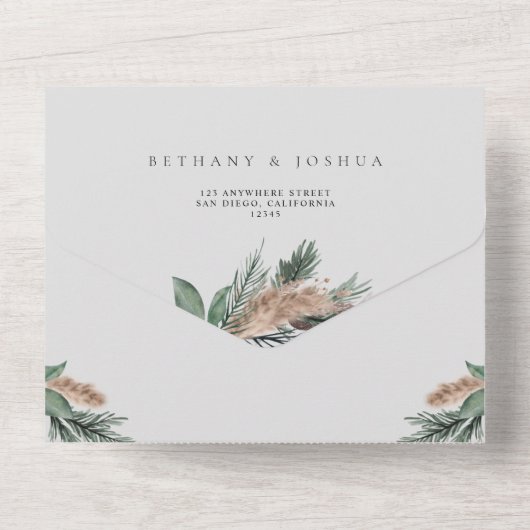 Elegant Gold Geometric Winter Greenery Wedding All In One Uitnodiging (Achterkant)